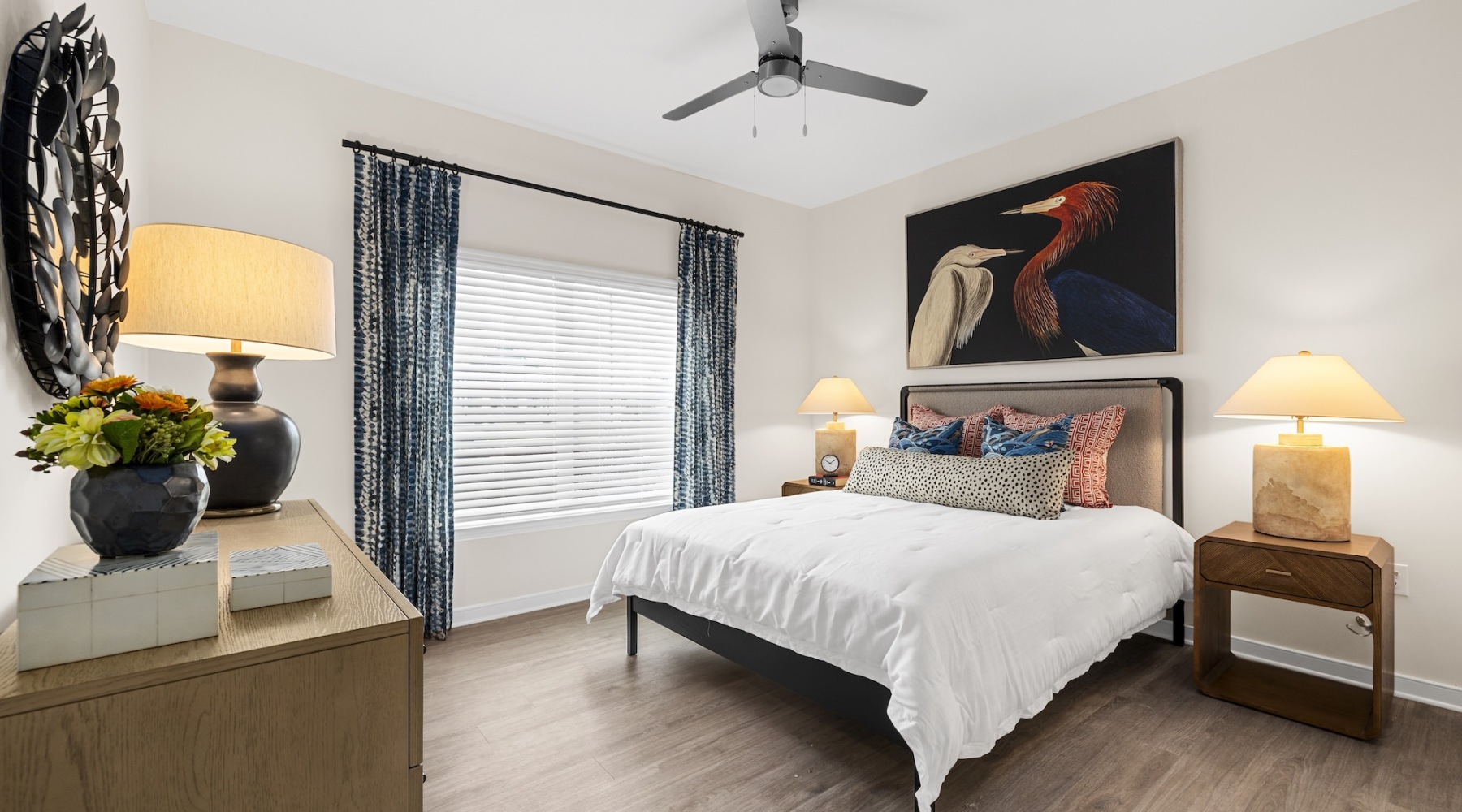 Bedroom with natural lighting and high ceilings