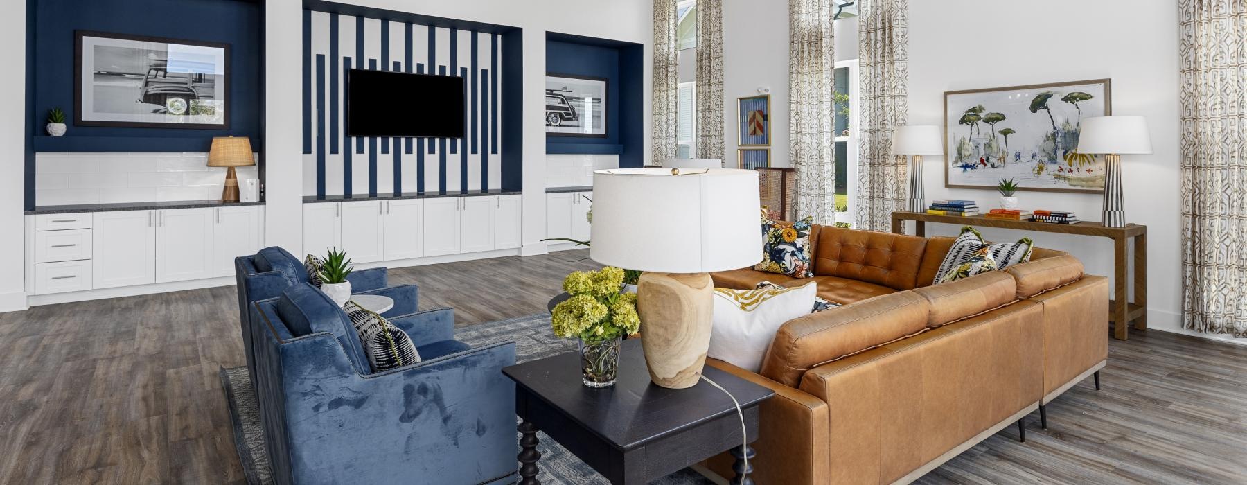 a living room with a couch and a table